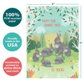 Load image into Gallery viewer, The cover of Tree-Free’s Bunny Family Wishes card with lines demonstrating its 5x7 dimensions, along with the following text: “100% PCW recycled paper, proudly made in the USA, sustainably printed on extra-thick card stock”
