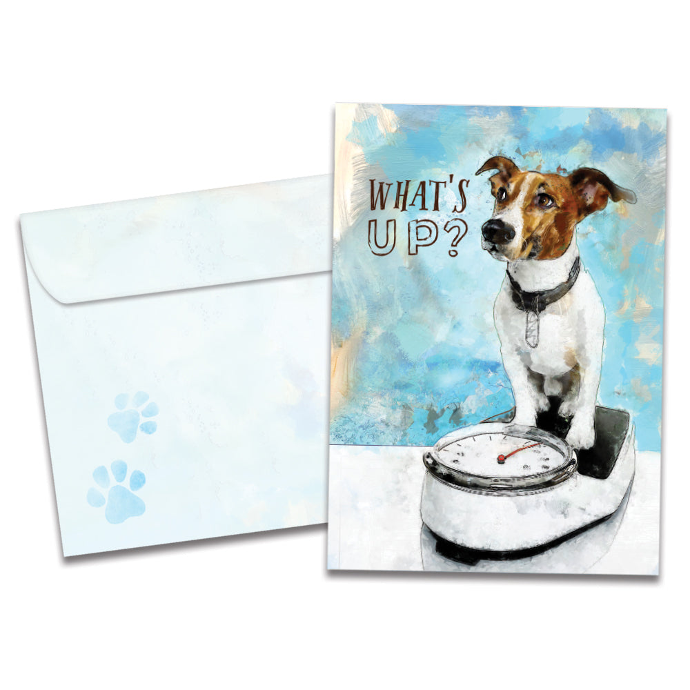 The cover of Tree-Free's What's Up Dog card, along with its matching envelope.
