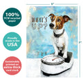 Load image into Gallery viewer, The cover of Tree-Free’s What&#39;s Up Dog card with lines demonstrating its 5x7 dimensions, along with the following text: “100% PCW recycled paper, proudly made in the USA, sustainably printed on extra-thick card stock”
