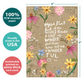 Load image into Gallery viewer, The cover of Tree-Free’s Wonderful Secret card with lines demonstrating its 5x7 dimensions, along with the following text: “100% PCW recycled paper, proudly made in the USA, sustainably printed on extra-thick card stock”
