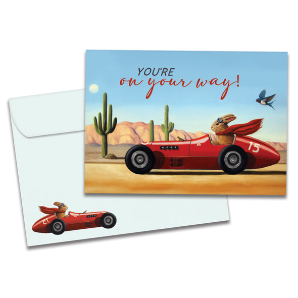 The cover of Tree-Free's On Your Way card, along with its matching envelope.