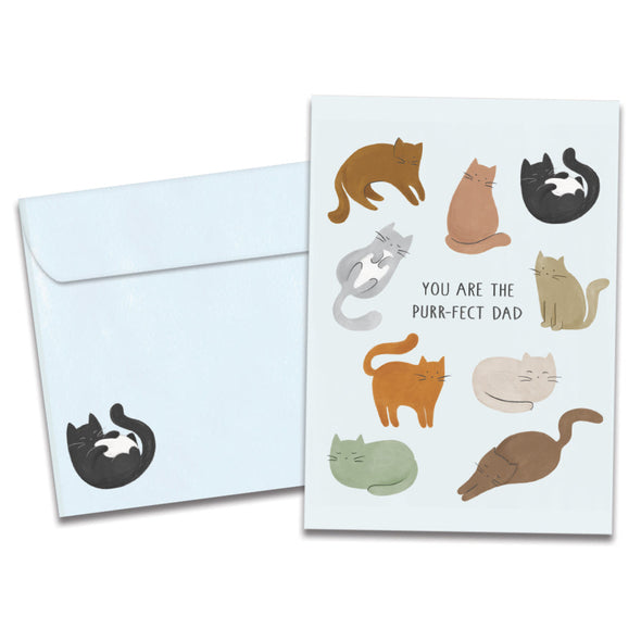The cover of Tree-Free's Purrfect Dad card, along with its matching envelope.