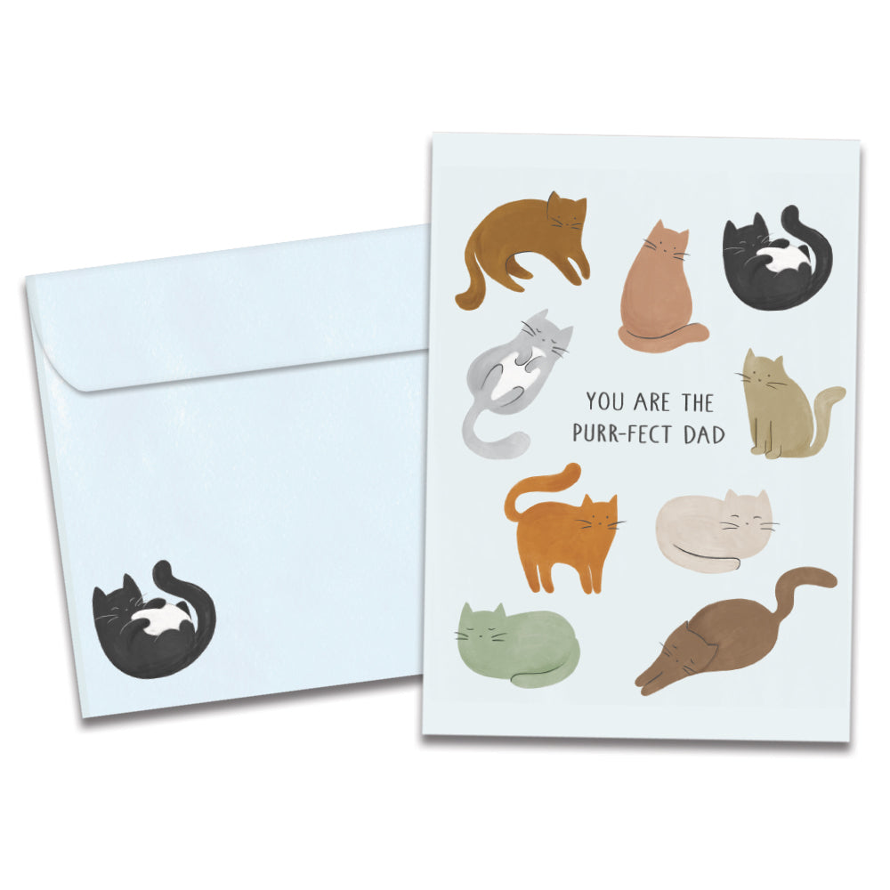 The cover of Tree-Free's Purrfect Dad card, along with its matching envelope.