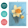 Load image into Gallery viewer, The cover of Tree-Free’s Spring Daffodil card with lines demonstrating its 5x7 dimensions, along with the following text: “100% PCW recycled paper, proudly made in the USA, sustainably printed on extra-thick card stock”
