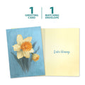 Load image into Gallery viewer, The cover and inside of Tree-Free’s Spring Daffodil card, along with the following text: “1 greeting card, 1 matching envelope”

