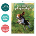 Load image into Gallery viewer, The cover of Tree-Free’s Get Up and Go card with lines demonstrating its 5x7 dimensions, along with the following text: “100% PCW recycled paper, proudly made in the USA, sustainably printed on extra-thick card stock”
