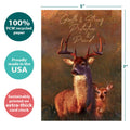 Load image into Gallery viewer, The cover of Tree-Free’s Deer Qualities card with lines demonstrating its 5x7 dimensions, along with the following text: “100% PCW recycled paper, proudly made in the USA, sustainably printed on extra-thick card stock”
