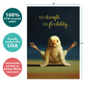 Load image into Gallery viewer, The cover of Tree-Free’s Firefly Yoga Chick card with lines demonstrating its 5x7 dimensions, along with the following text: “100% PCW recycled paper, proudly made in the USA, sustainably printed on extra-thick card stock”
