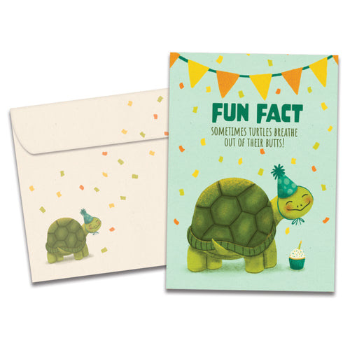 The cover of Tree-Free's Turtle Butt Fun Fact card, along with its matching envelope.
