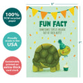 Load image into Gallery viewer, The cover of Tree-Free’s Turtle Butt Fun Fact card with lines demonstrating its 5x7 dimensions, along with the following text: “100% PCW recycled paper, proudly made in the USA, sustainably printed on extra-thick card stock”
