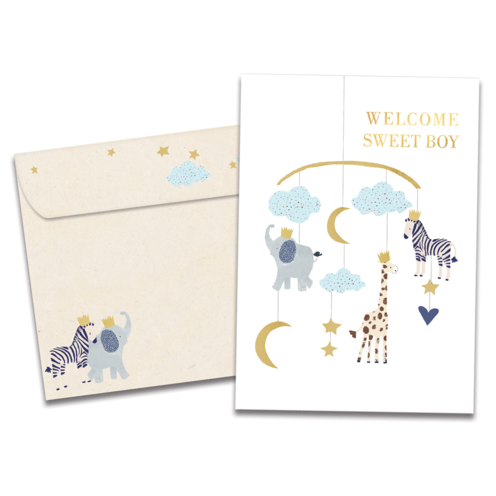 The cover of Tree-Free's Welcome Sweet Boy card, along with its matching envelope.