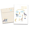 Load image into Gallery viewer, The cover of Tree-Free&#39;s Welcome Sweet Boy card, along with its matching envelope.
