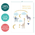 Load image into Gallery viewer, The cover of Tree-Free’s Welcome Sweet Boy card with lines demonstrating its 5x7 dimensions, along with the following text: “100% PCW recycled paper, proudly made in the USA, sustainably printed on extra-thick card stock”
