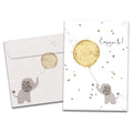 Load image into Gallery viewer, Cover of A Great Welcome New Baby card (featuring script text above artwork of an elephant holding a balloon in its trunk surrounded by stars) and its matching envelope
