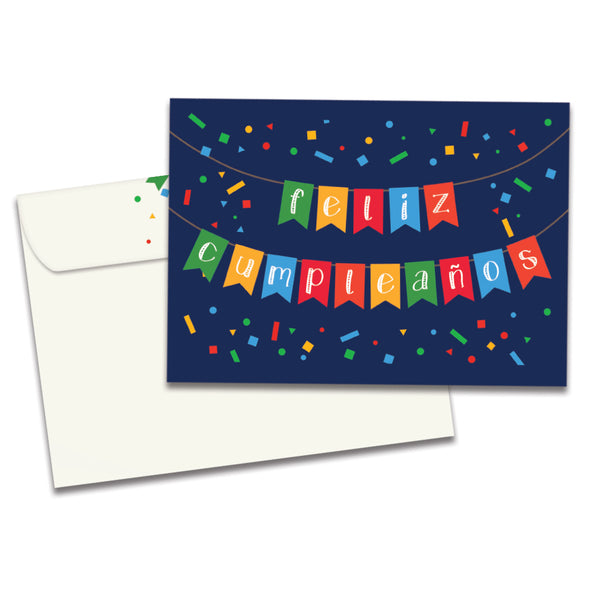 The cover of Tree-Free's Cumpleanos Confetti card, along with its matching envelope.