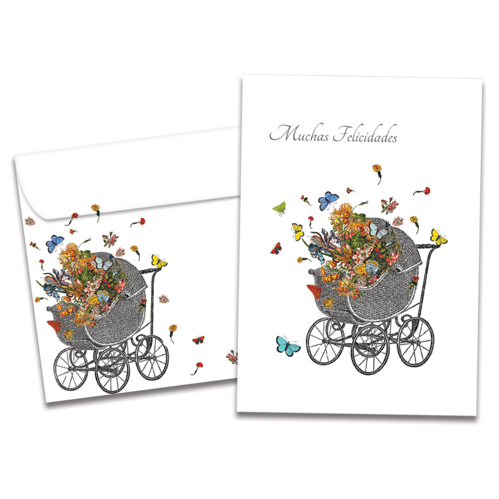 The cover of Tree-Free's Felicidades Carriage card, along with its matching envelope.