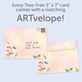 Load image into Gallery viewer, The envelope for Tree-Free’s Mushroom House card, along with the following text: “Every Tree-Free 5x7 card comes with a matching ARTvelope!”
