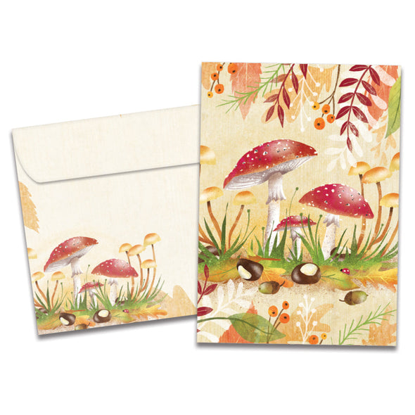 Cover of Mushroom Forest All Occasion card (featuring artwork of acorns and mushrooms) and its matching envelope