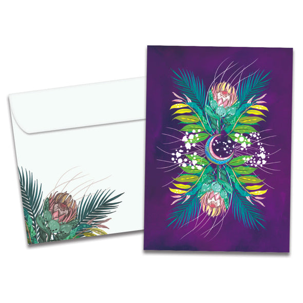 The cover of Tree-Free's Floral Moon card, along with its matching envelope.