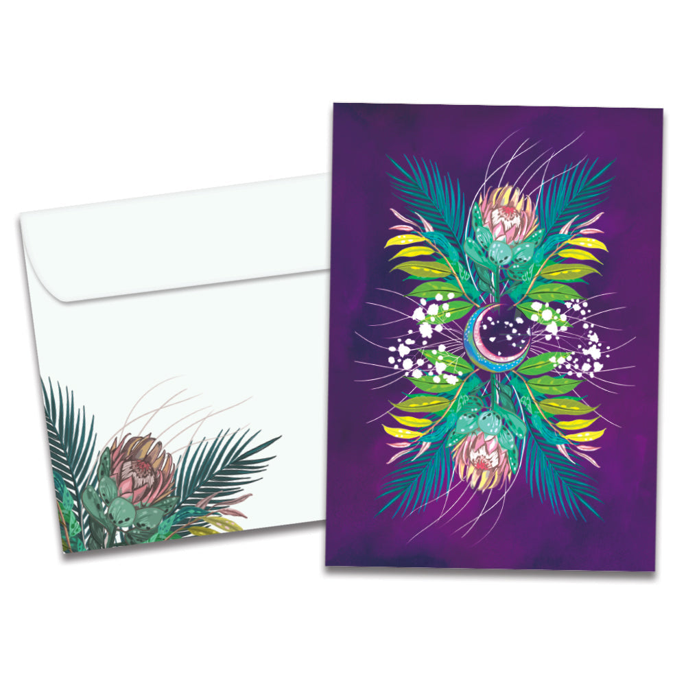 The cover of Tree-Free's Floral Moon card, along with its matching envelope.