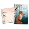 Load image into Gallery viewer, Cover of Like Royalty Birthday card (featuring script and serif text above artwork of a fox wearing a crown surrounded by birch trees) and its matching envelope
