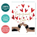 Load image into Gallery viewer, The cover of Tree-Free’s Puppy Love card with lines demonstrating its 5x7 dimensions, along with the following text: “100% PCW recycled paper, proudly made in the USA, sustainably printed on extra-thick card stock”
