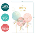 Load image into Gallery viewer, The cover of Tree-Free’s Happy for You card with lines demonstrating its 5x7 dimensions, along with the following text: “100% PCW recycled paper, proudly made in the USA, sustainably printed on extra-thick card stock”
