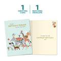 Load image into Gallery viewer, The cover and inside of Tree-Free’s Parade on the Way card, along with the following text: “1 greeting card, 1 matching envelope”
