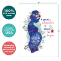 Load image into Gallery viewer, The cover of Tree-Free’s A Great Adventure card with lines demonstrating its 5x7 dimensions, along with the following text: “100% PCW recycled paper, proudly made in the USA, sustainably printed on extra-thick card stock”
