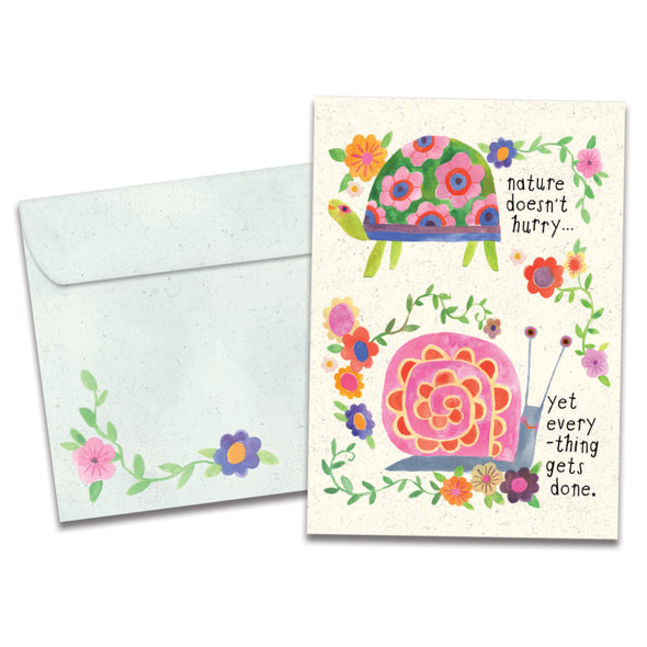 The cover of Tree-Free's Everything Gets Done card, along with its matching envelope.