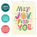 Load image into Gallery viewer, The cover of Tree-Free’s May Joy Find You card with lines demonstrating its 5x7 dimensions, along with the following text: “100% PCW recycled paper, proudly made in the USA, sustainably printed on extra-thick card stock”
