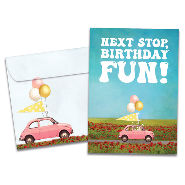 The cover of Tree-Free's Next Stop card, along with its matching envelope.