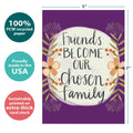 Load image into Gallery viewer, The cover of Tree-Free’s Chosen Family card with lines demonstrating its 5x7 dimensions, along with the following text: “100% PCW recycled paper, proudly made in the USA, sustainably printed on extra-thick card stock”
