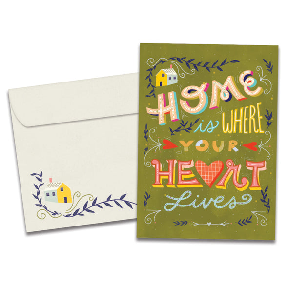 The cover of Tree-Free's Home is Where card, along with its matching envelope.
