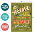 Load image into Gallery viewer, The cover of Tree-Free’s Home is Where card with lines demonstrating its 5x7 dimensions, along with the following text: “100% PCW recycled paper, proudly made in the USA, sustainably printed on extra-thick card stock”
