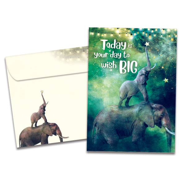 The cover of Tree-Free's Wish Big card, along with its matching envelope.