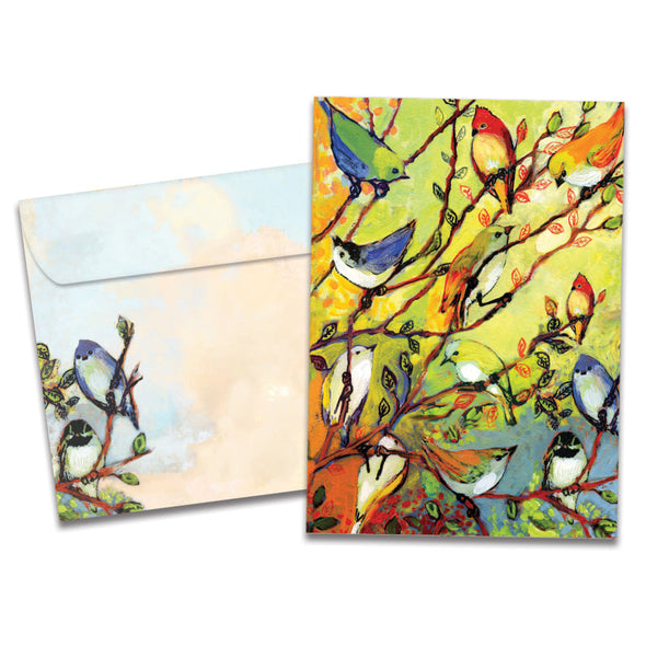 Cover of 16 Birds All Occasion card (featuring artwork of several birds sitting on tree branches) and its matching envelope