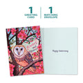 Load image into Gallery viewer, The cover and inside of Tree-Free’s Always Owl card, along with the following text: “1 greeting card, 1 matching envelope”
