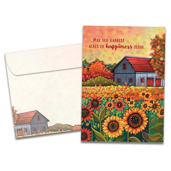 The cover of Tree-Free's Autumn Farm card, along with its matching envelope.