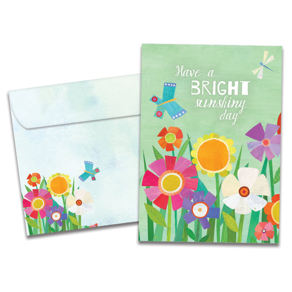 The cover of Tree-Free's Bright Sunshiny Day card, along with its matching envelope.