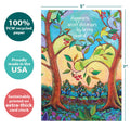 Load image into Gallery viewer, The cover of Tree-Free’s Shared Happiness card with lines demonstrating its 5x7 dimensions, along with the following text: “100% PCW recycled paper, proudly made in the USA, sustainably printed on extra-thick card stock”
