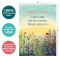 Load image into Gallery viewer, The cover of Tree-Free’s Summer Joy card with lines demonstrating its 5x7 dimensions, along with the following text: “100% PCW recycled paper, proudly made in the USA, sustainably printed on extra-thick card stock”
