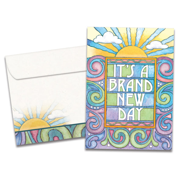 The cover of Tree-Free's Brand New Day card, along with its matching envelope.