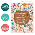 Load image into Gallery viewer, The cover of Tree-Free’s Greatest Kindness card with lines demonstrating its 5x7 dimensions, along with the following text: “100% PCW recycled paper, proudly made in the USA, sustainably printed on extra-thick card stock”
