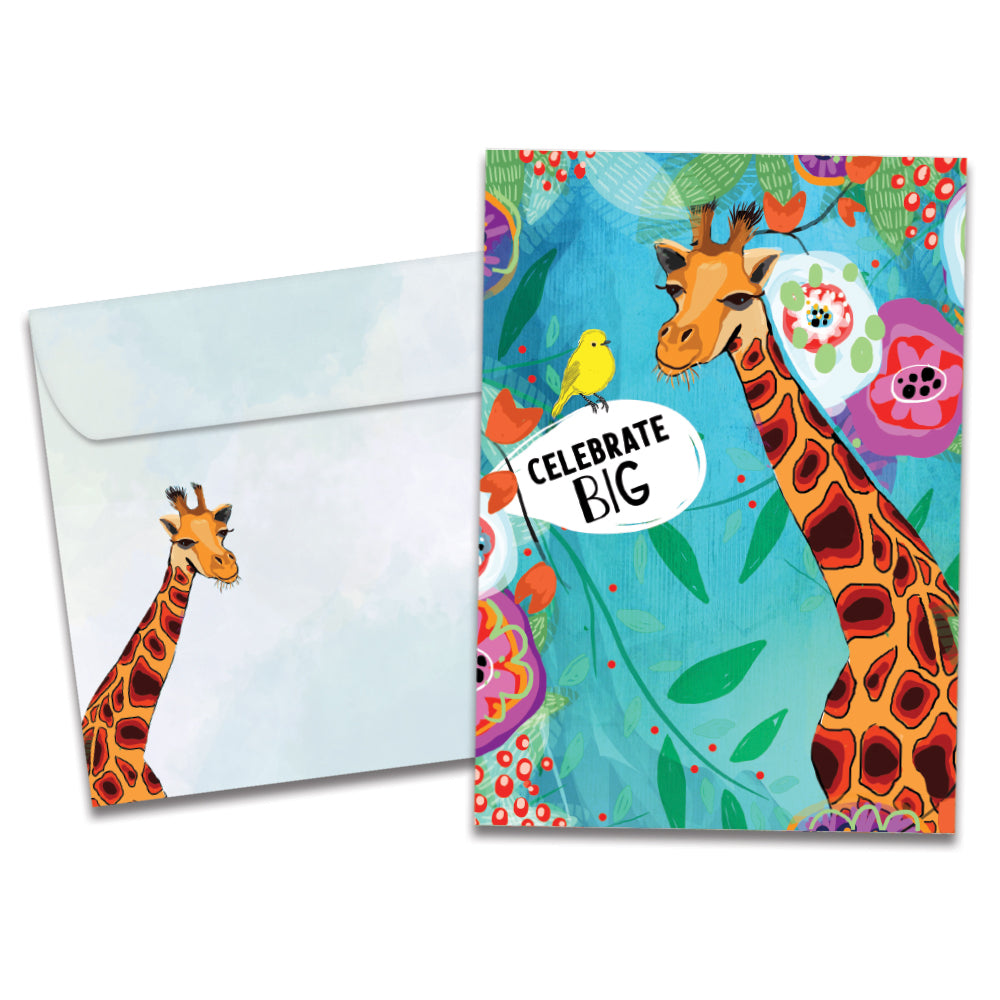 The cover of Tree-Free's Hello Giraffe card, along with its matching envelope.