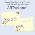 Load image into Gallery viewer, The envelope for Tree-Free’s Lights the World card, along with the following text: “Every Tree-Free 5x7 card comes with a matching ARTvelope!”
