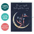 Load image into Gallery viewer, The cover of Tree-Free’s Lights the World card with lines demonstrating its 5x7 dimensions, along with the following text: “100% PCW recycled paper, proudly made in the USA, sustainably printed on extra-thick card stock”

