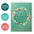 Load image into Gallery viewer, The cover of Tree-Free’s Seashell Joy card with lines demonstrating its 5x7 dimensions, along with the following text: “100% PCW recycled paper, proudly made in the USA, sustainably printed on extra-thick card stock”
