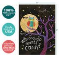 Load image into Gallery viewer, The cover of Tree-Free’s Who Wants Candy card with lines demonstrating its 5x7 dimensions, along with the following text: “100% PCW recycled paper, proudly made in the USA, sustainably printed on extra-thick card stock”

