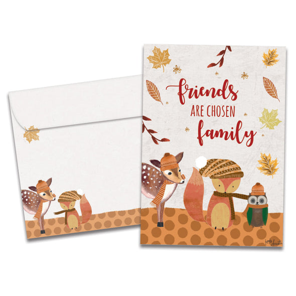 The cover of Tree-Free's Friends Are Family card, along with its matching envelope.
